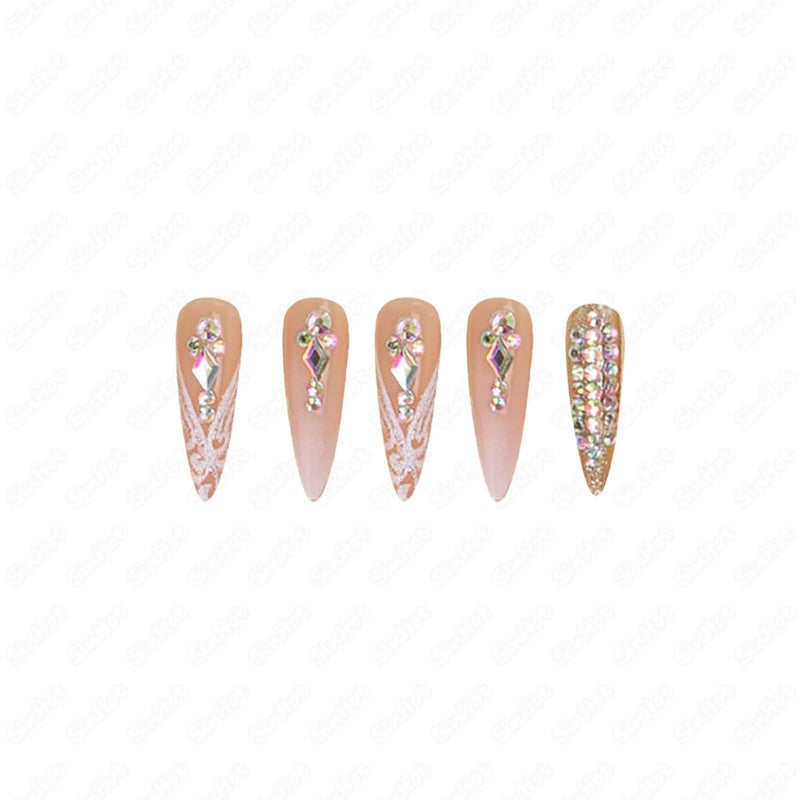 SINHOT Stiletto Press on Nails Long Fake Nails Glossy Glue on Nails Luxury Rhinestones Acrylic Nail White Bling Glitter Almond Artificial Nail Stick on False Nail with Design 24pcs - Image 4